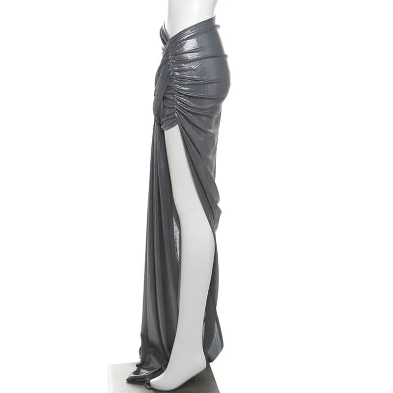 Metallic slit ruched maxi skirt