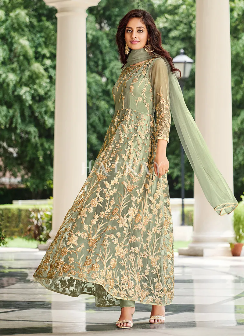 Mint Green Embroidered Designer Anarkali Suit