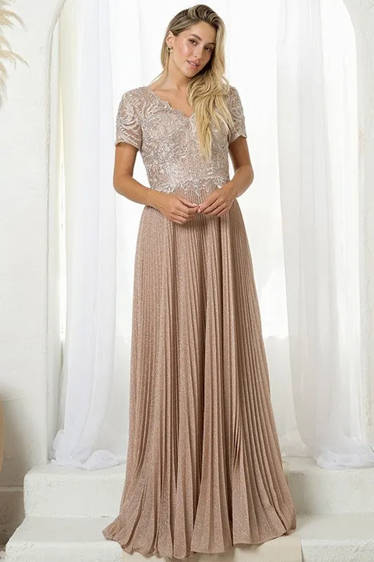 Mocha Half Sleeve V Neck Accordion Pleat Metallic Skirt