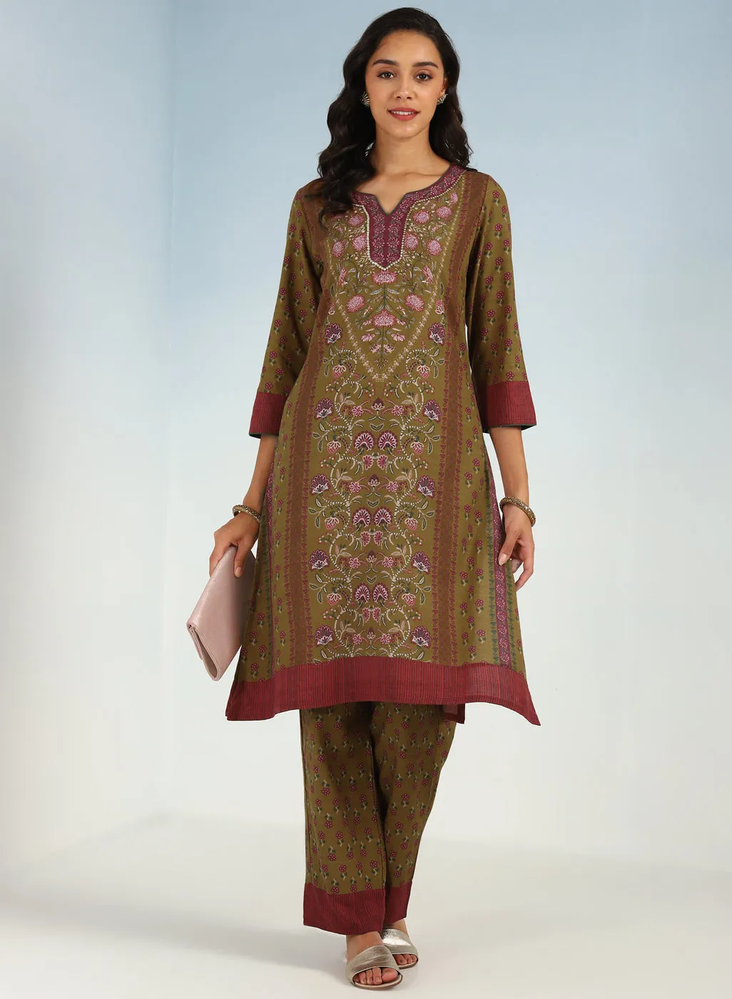 Mud Green Kurta Set with Round neck and Contrast Front Placket