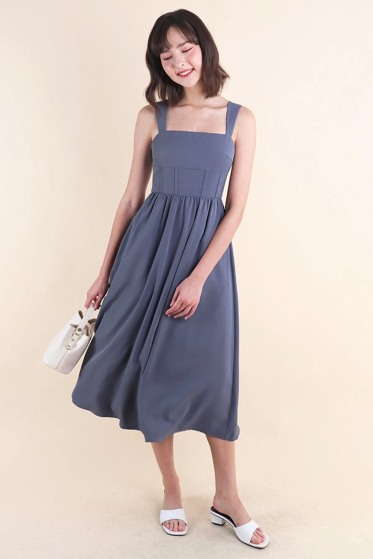 OASIS BUSTIER DRESS IN GUNMETAL BLUE