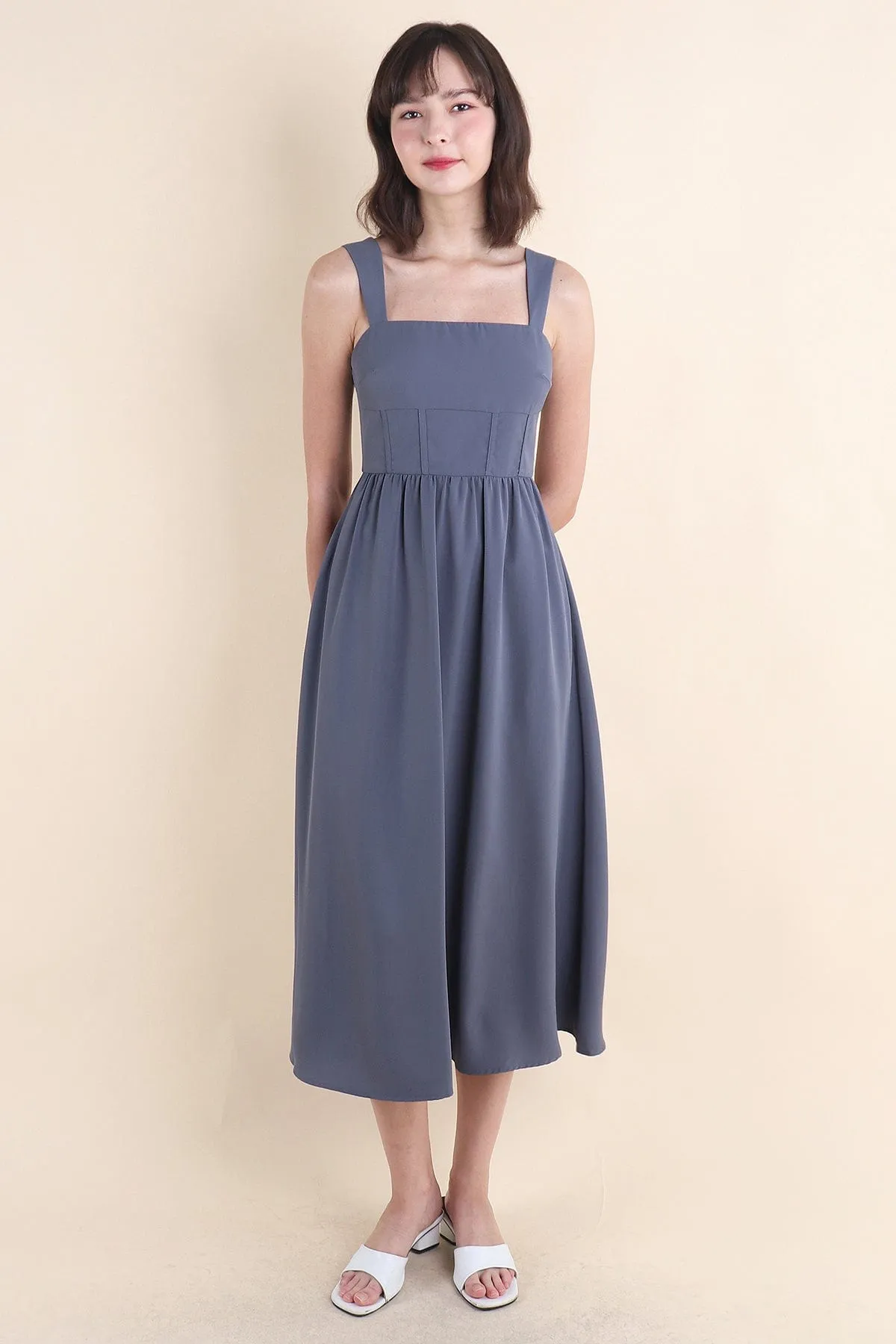 OASIS BUSTIER DRESS IN GUNMETAL BLUE