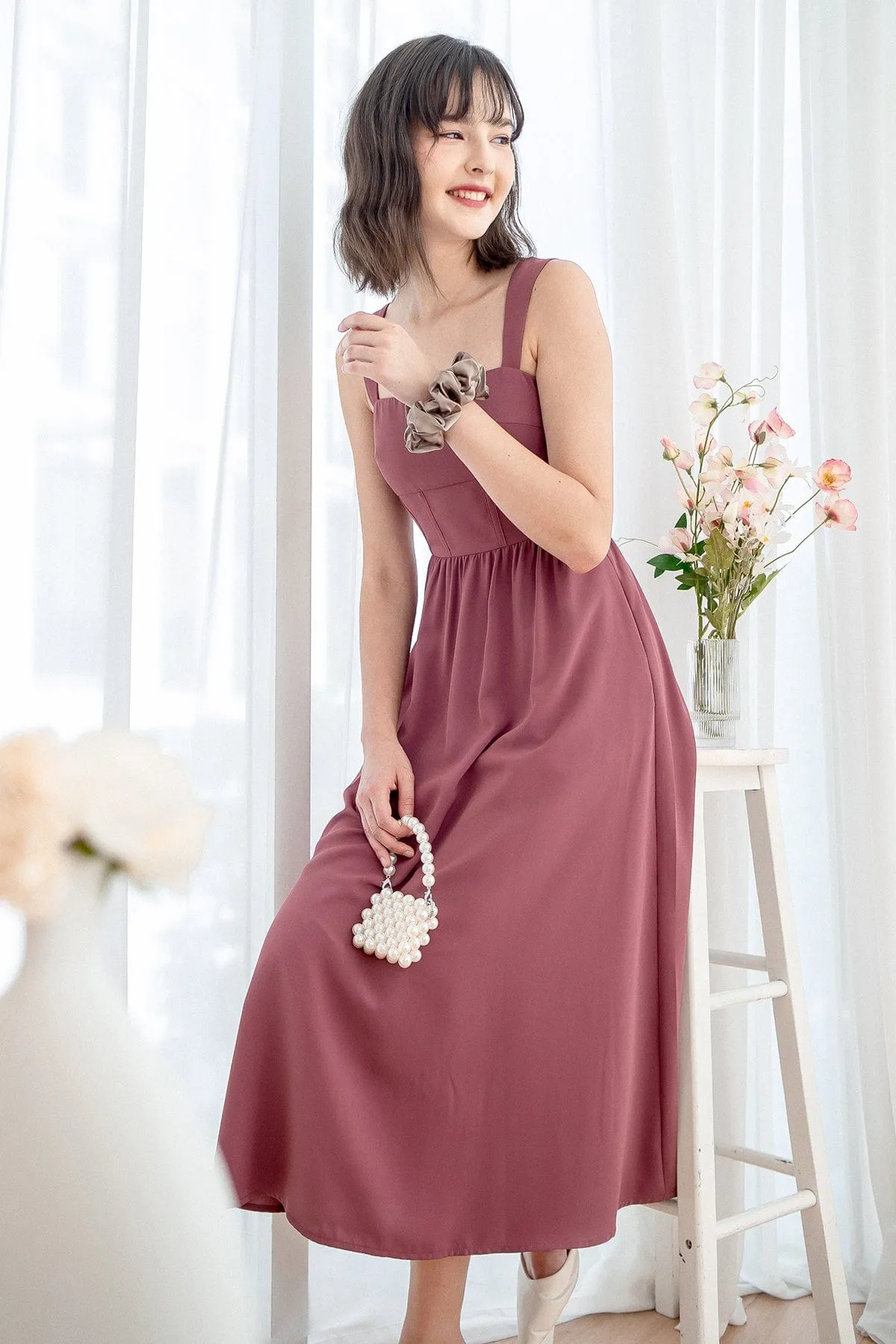 OASIS BUSTIER DRESS IN MAUVE BRICK