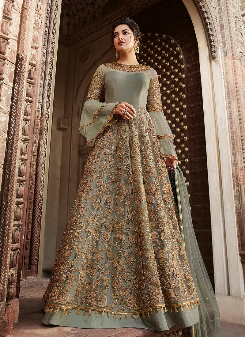 Olive Green Overall Embellished Lehenga/Pant Suit