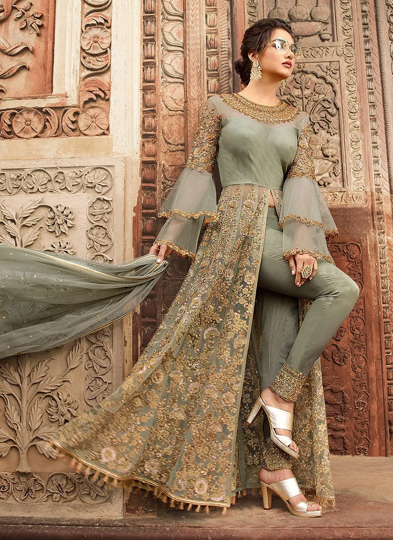 Olive Green Overall Embellished Lehenga/Pant Suit