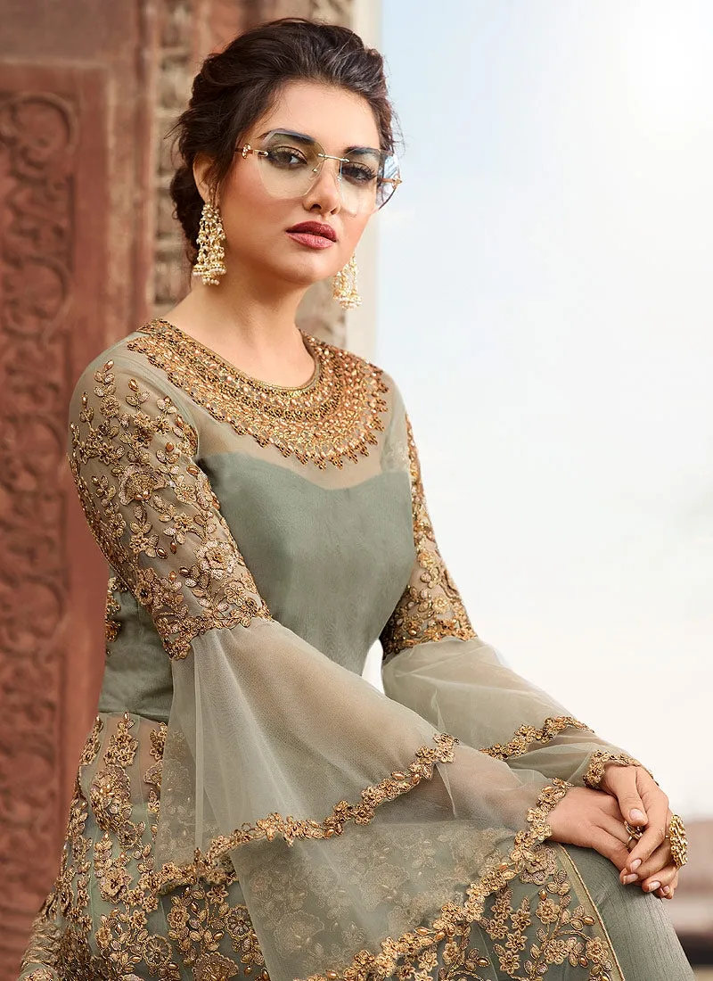 Olive Green Overall Embellished Lehenga/Pant Suit