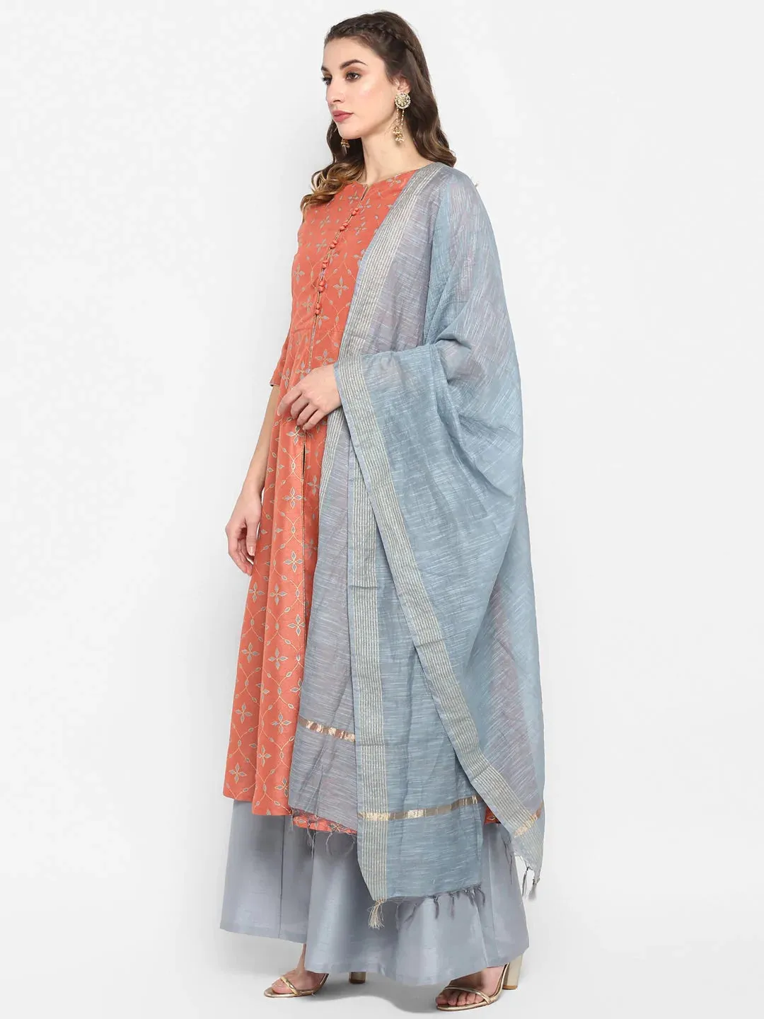 Orange & Grey Cotton Flex Suit Set with Dupatta