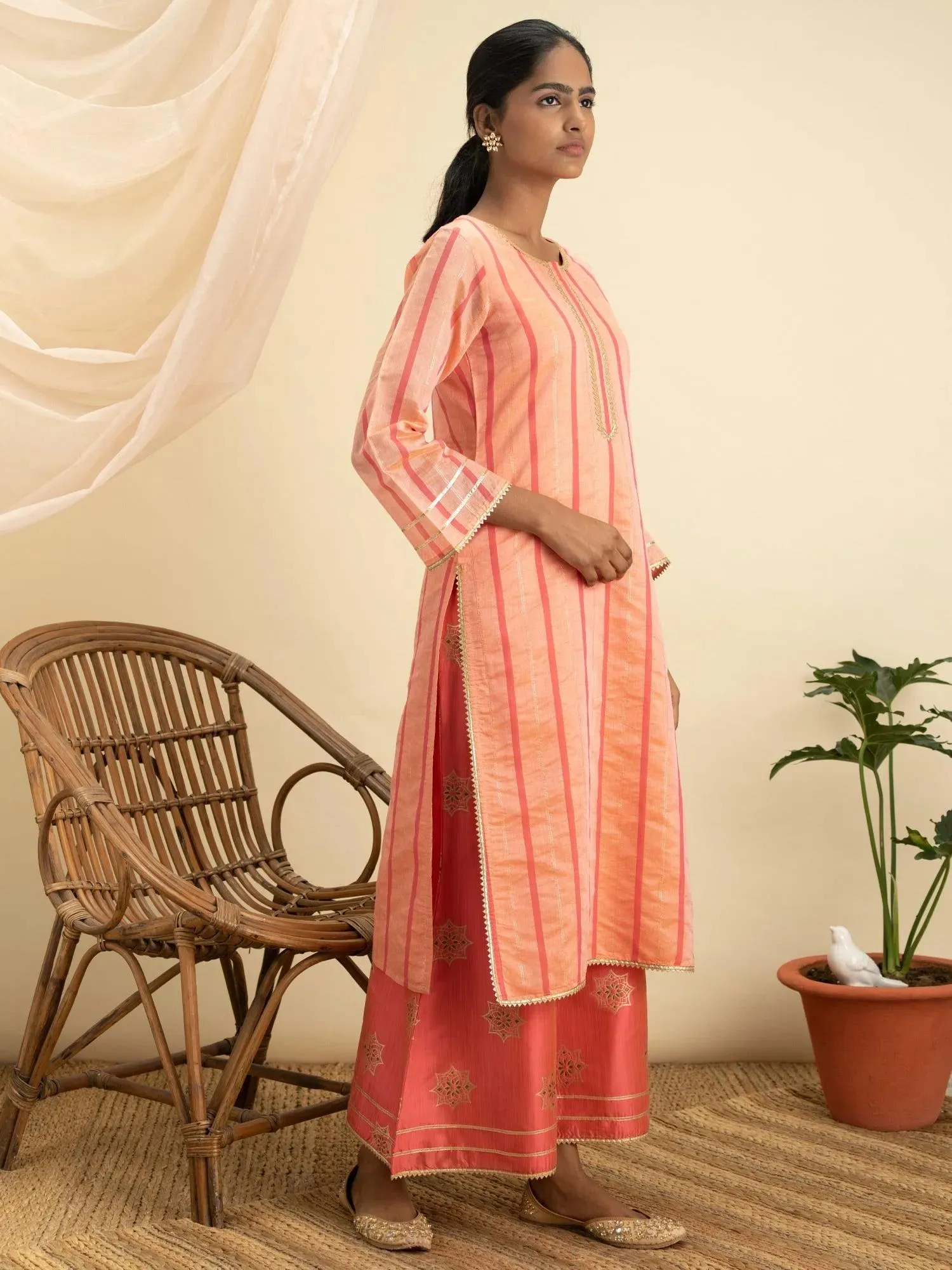 Orange Self Design Chanderi Silk Straight Kurta With Palazzos