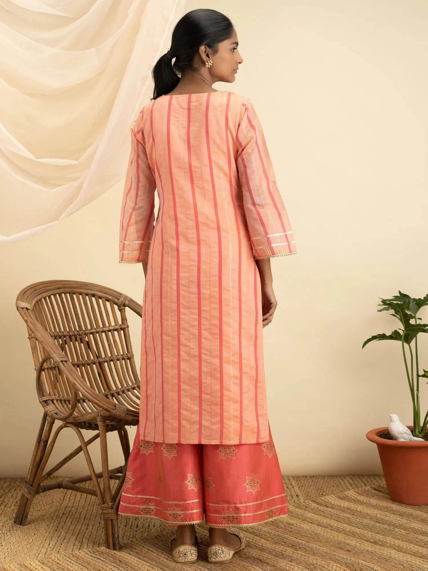 Orange Self Design Chanderi Silk Straight Kurta With Palazzos