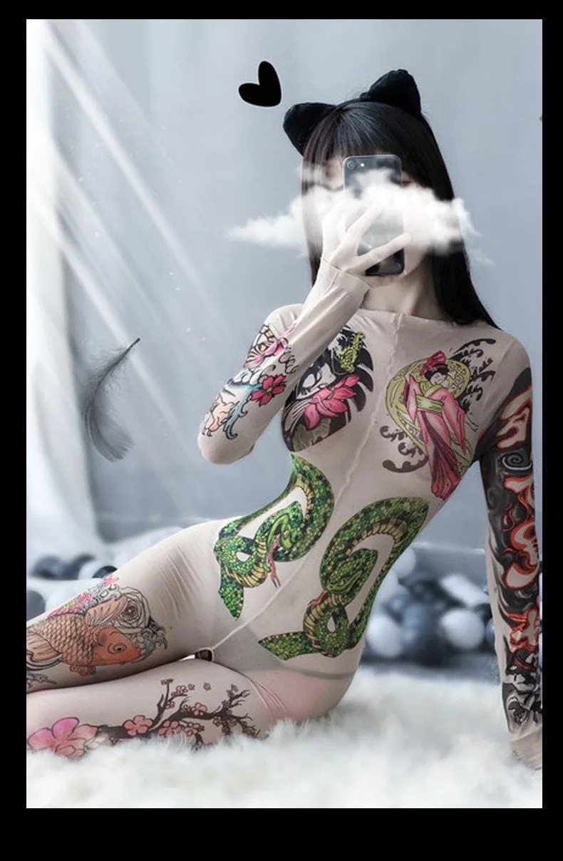 Oriental Tattoo Mesh Bodysuit