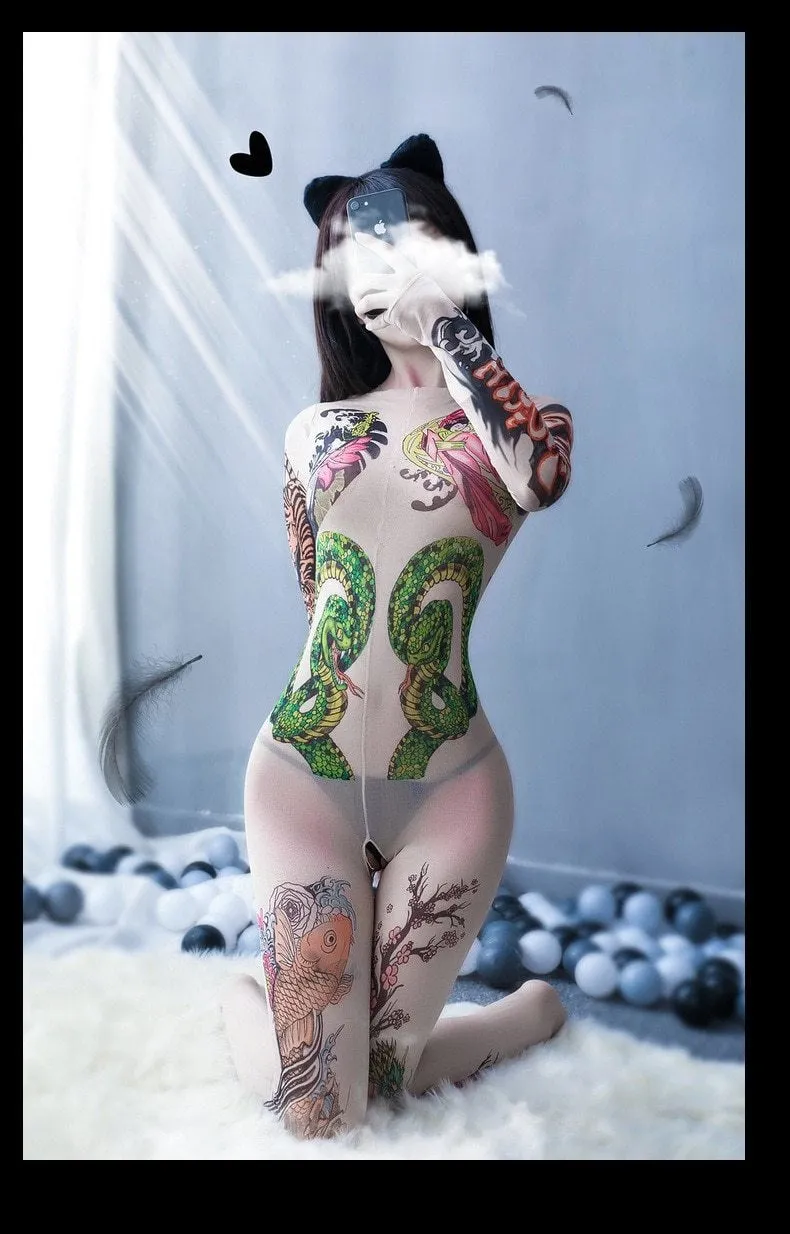 Oriental Tattoo Mesh Bodysuit