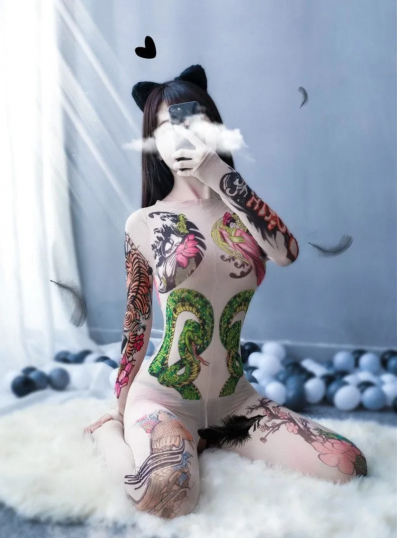 Oriental Tattoo Mesh Bodysuit