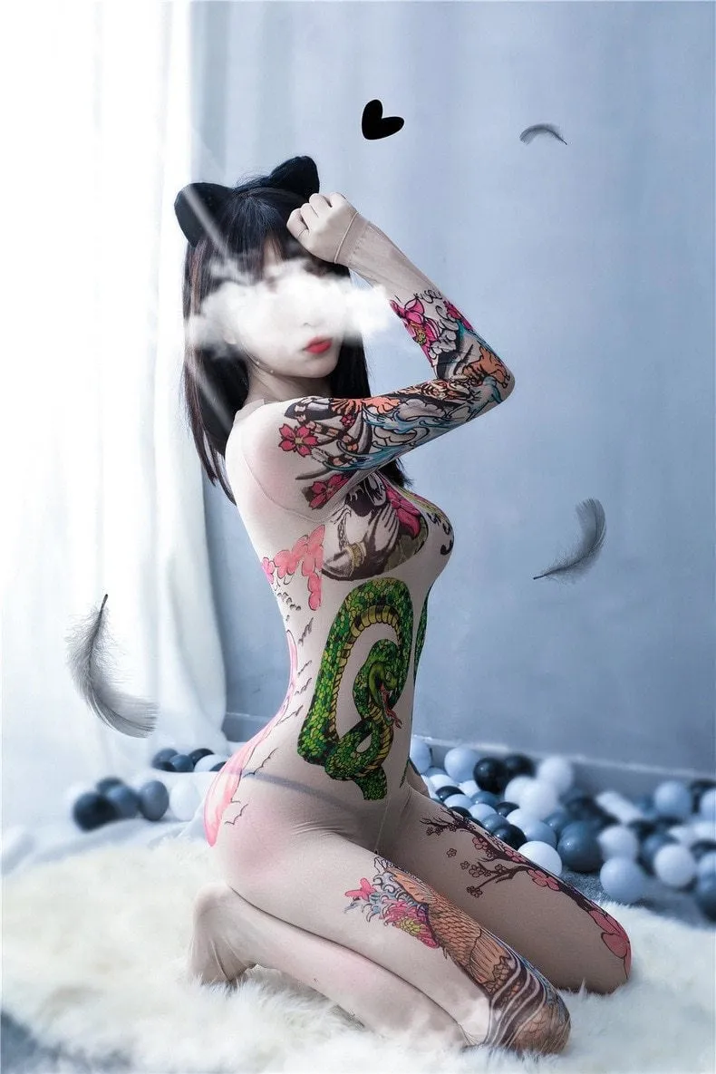 Oriental Tattoo Mesh Bodysuit