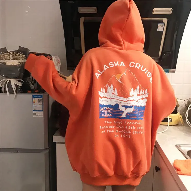 Oversize Alaska Cruise Print Warm Hooded Sweatshirt