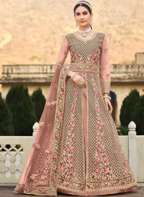 Peach Multi Embroidery Slit Style Anarkali Lehenga