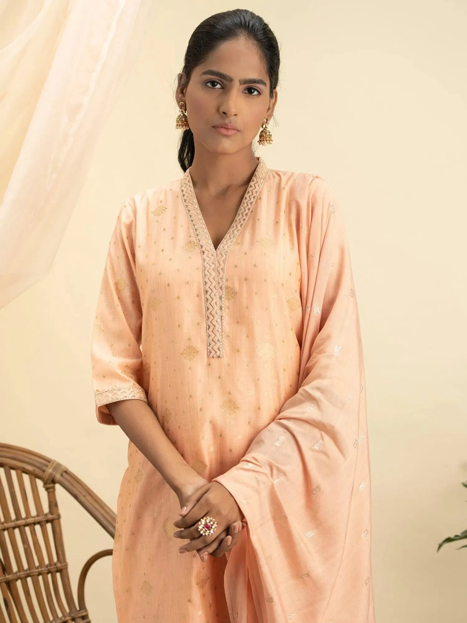 Peach Self Design Chanderi Silk Straight Kurta With Palazzos & Dupatta