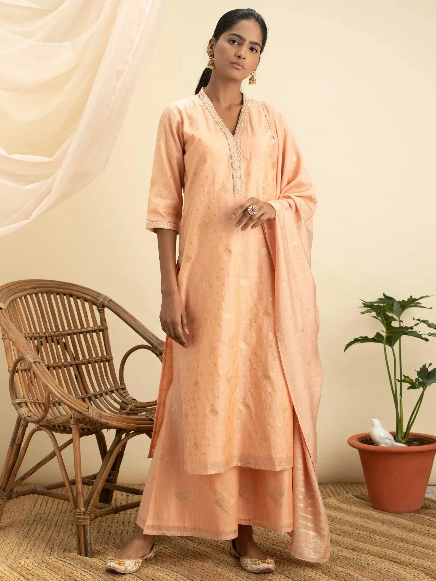 Peach Self Design Chanderi Silk Straight Kurta With Palazzos & Dupatta