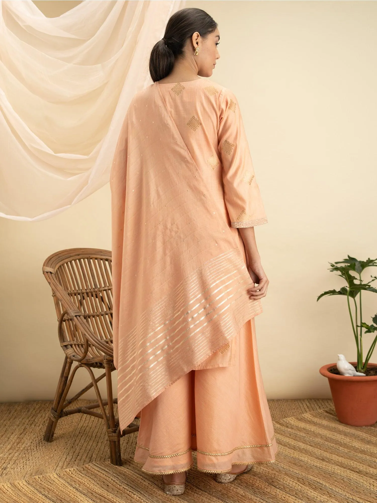 Peach Self Design Silk Straight Kurta With Palazzos & Dupatta