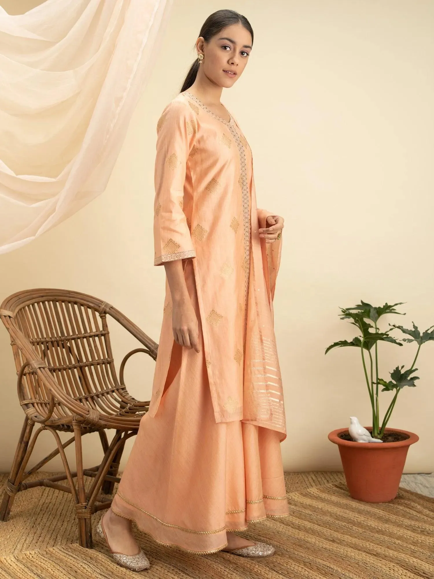 Peach Self Design Silk Straight Kurta With Palazzos & Dupatta