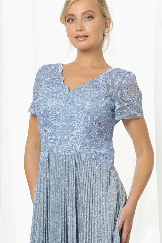 Perry Blue Half Sleeve V Neck Accordion Pleat Metallic Skirt