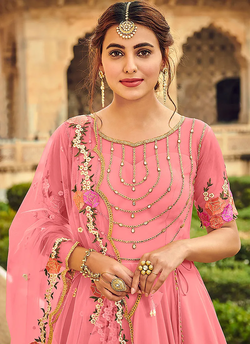 Pink Floral Embroidered Indian Anarkali Suit