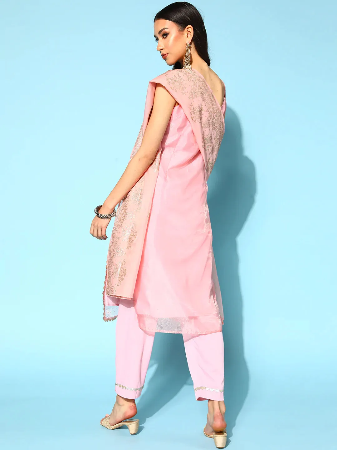 Pink Organza Polka Dot  Print Kurta with Organza Trouser & Dupatta