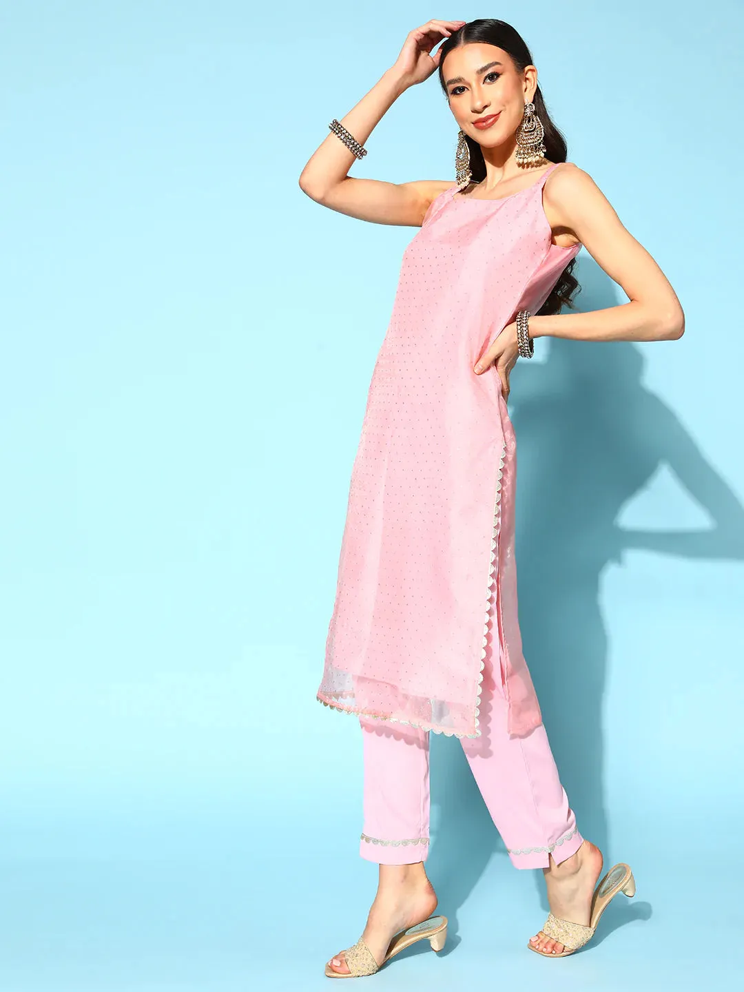 Pink Organza Polka Dot  Print Kurta with Organza Trouser & Dupatta