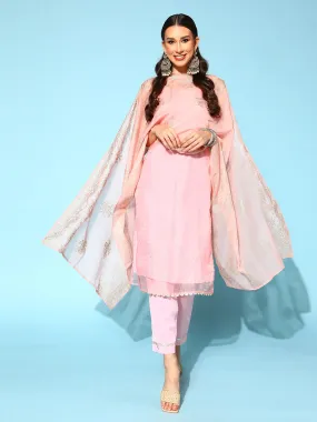 Pink Organza Polka Dot  Print Kurta with Organza Trouser & Dupatta