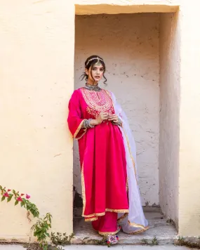 Pink Velvet Zardozi work Kurta with Muslin Bottom and an Organza Dupatta Suit Set