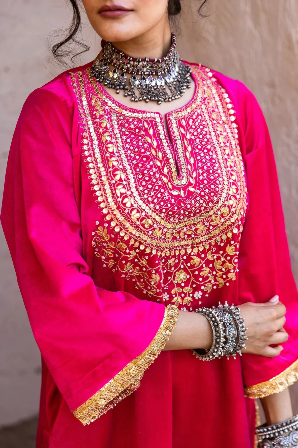 Pink Velvet Zardozi work Kurta with Muslin Bottom and an Organza Dupatta Suit Set