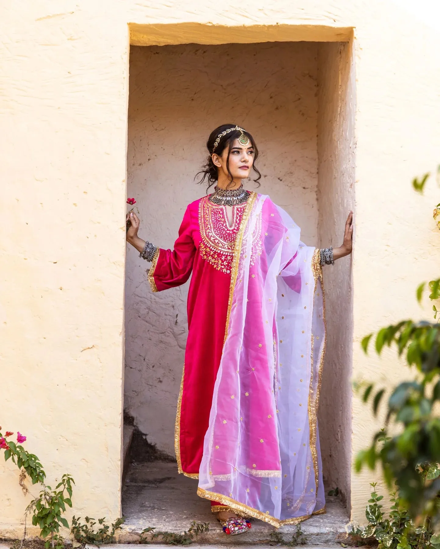 Pink Velvet Zardozi work Kurta with Muslin Bottom and an Organza Dupatta Suit Set