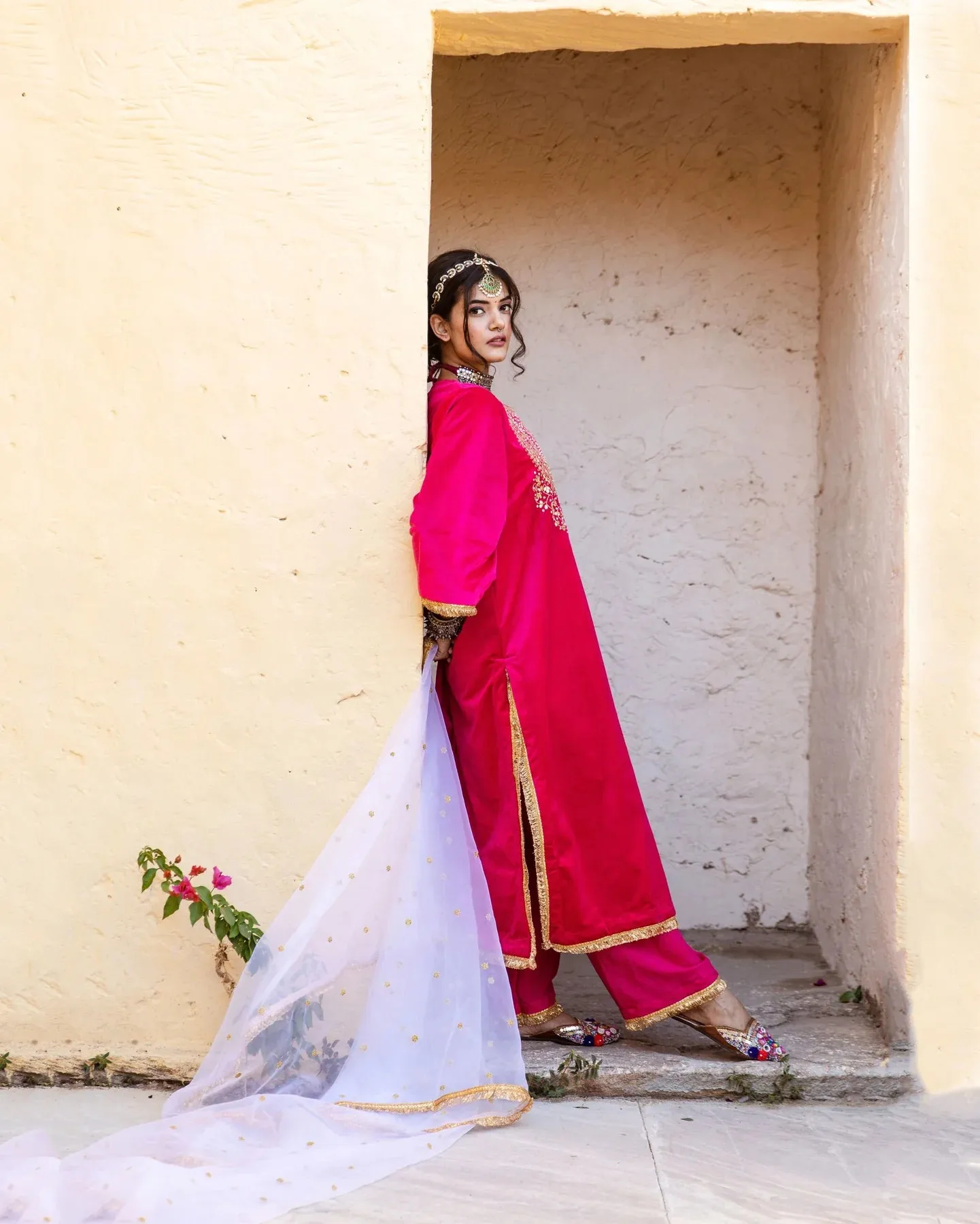 Pink Velvet Zardozi work Kurta with Muslin Bottom and an Organza Dupatta Suit Set