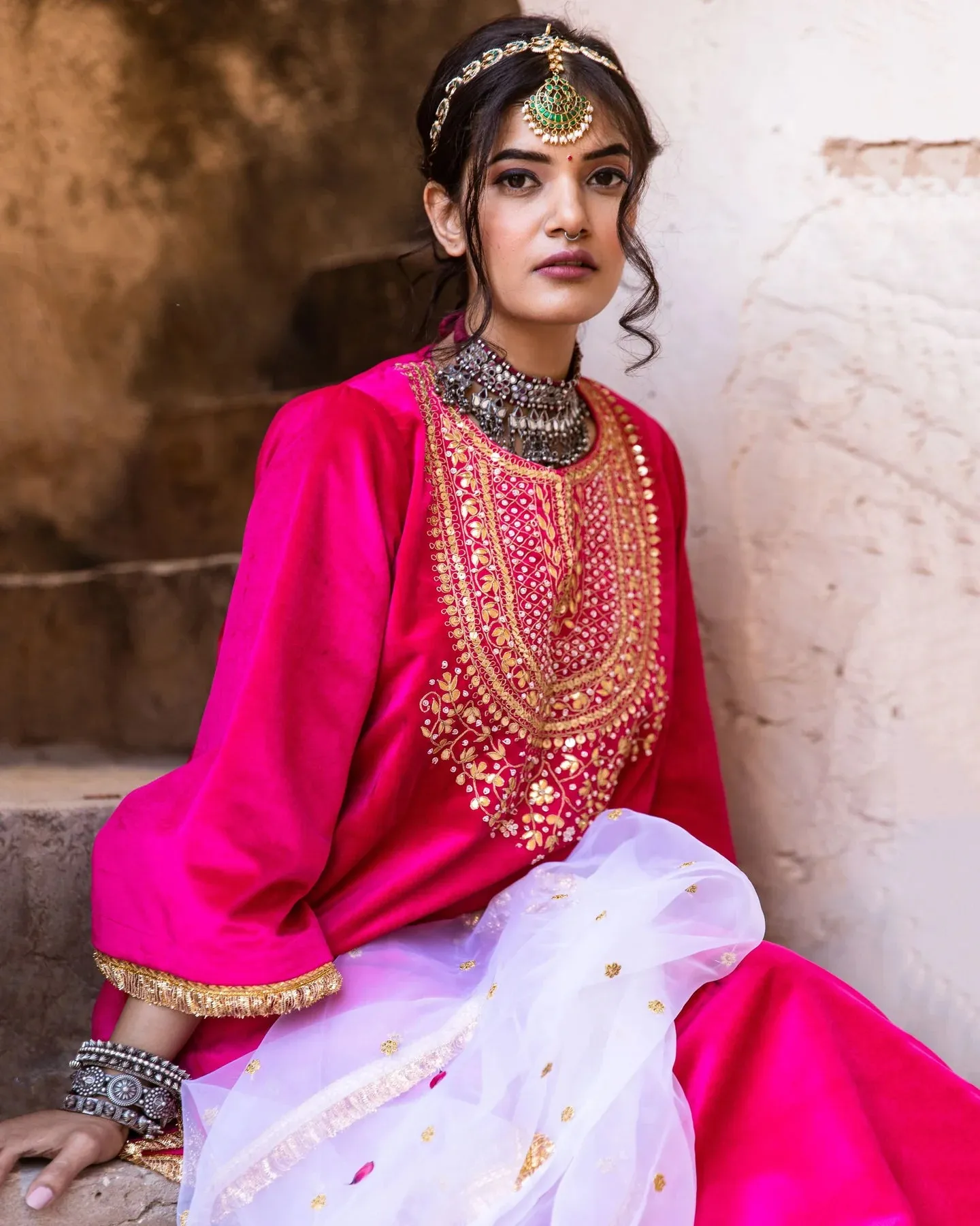 Pink Velvet Zardozi work Kurta with Muslin Bottom and an Organza Dupatta Suit Set