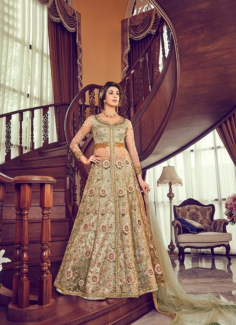 Pista Green Embroidered Wedding Anarkali Lehenga/Pant Suit