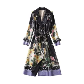 Pre Order:  Black Floral Faux-Leather Trench Coat