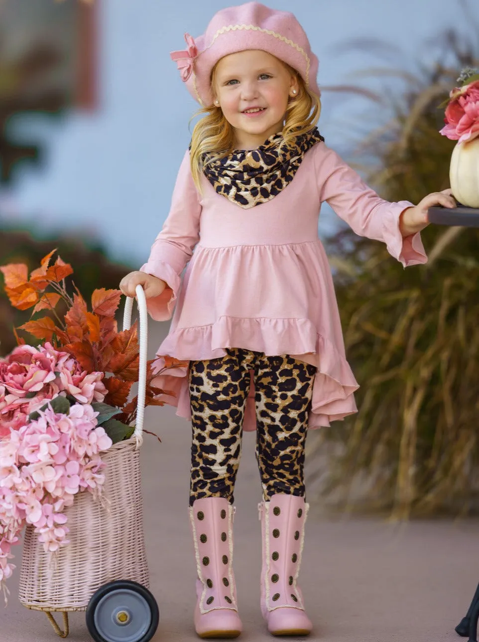 Pretty Pink Tunic, Leopard Legging And Scarf Set