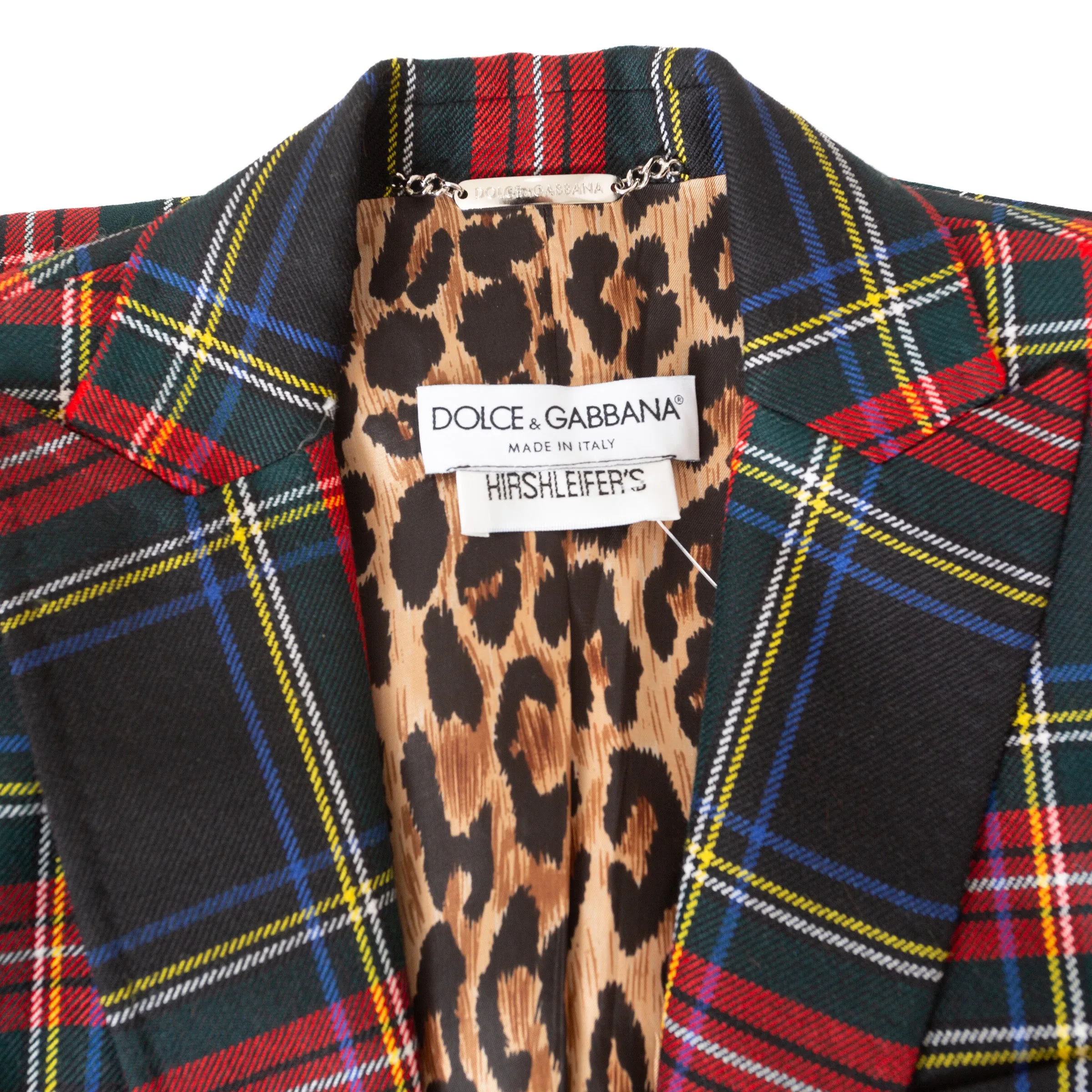 Red and Navy Wool-Blend Tartan Leopard Print Blazer