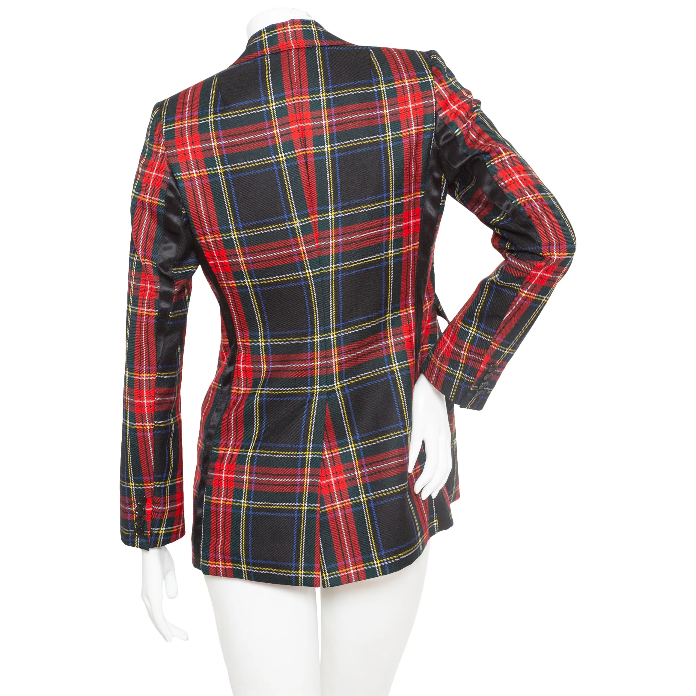 Red and Navy Wool-Blend Tartan Leopard Print Blazer