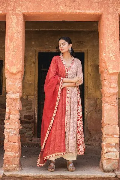 Red Cotton Kalidar Anarkali Suit Set with Doriya Dupatta