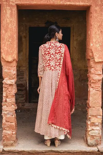 Red Cotton Kalidar Anarkali Suit Set with Doriya Dupatta