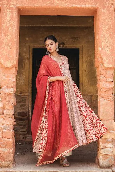 Red Cotton Kalidar Anarkali Suit Set with Doriya Dupatta