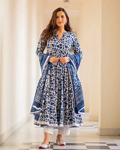 Royal Export Women's Anarkali Flared Floral Printed Kurta Plazo with duptta Set for Women (Large) Blue