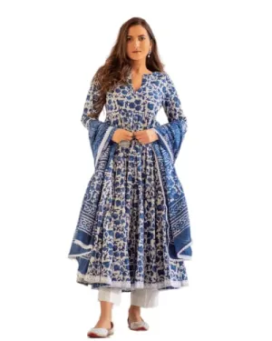 Royal Export Women's Anarkali Flared Floral Printed Kurta Plazo with duptta Set for Women (Large) Blue