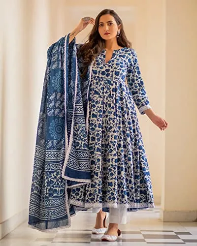 Royal Export Women's Anarkali Flared Floral Printed Kurta Plazo with duptta Set for Women (Large) Blue