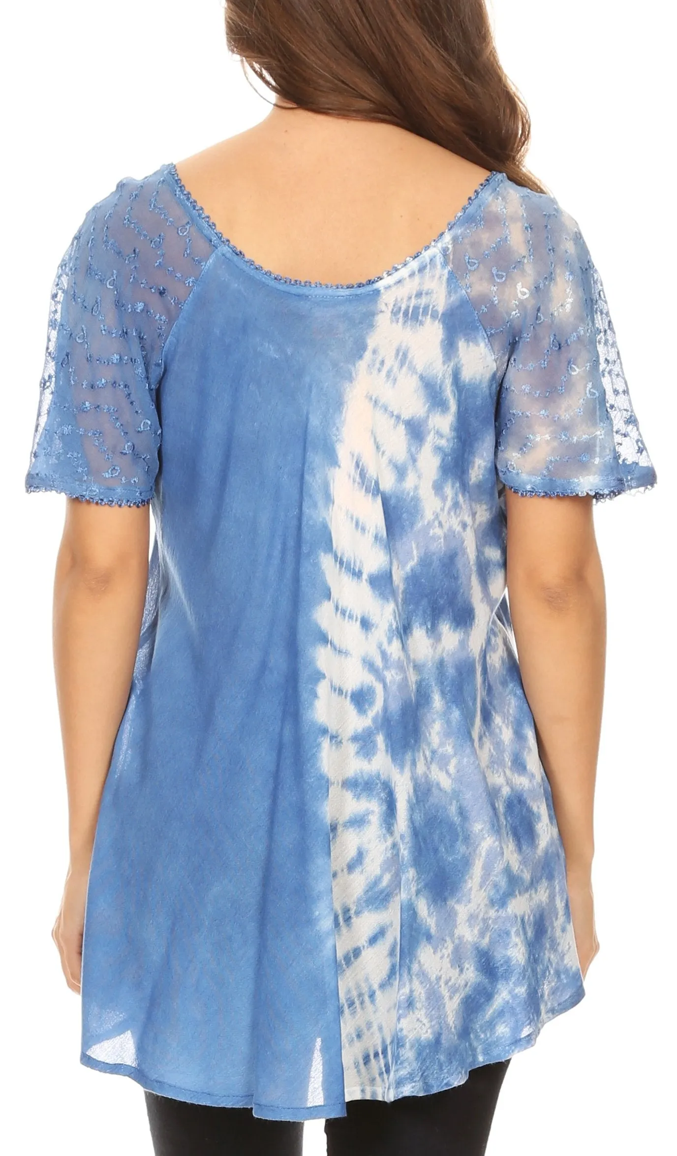 Sakkas Iris Womens Tie-dye Short Sleeve Blouse Top with Corset and Embroidery