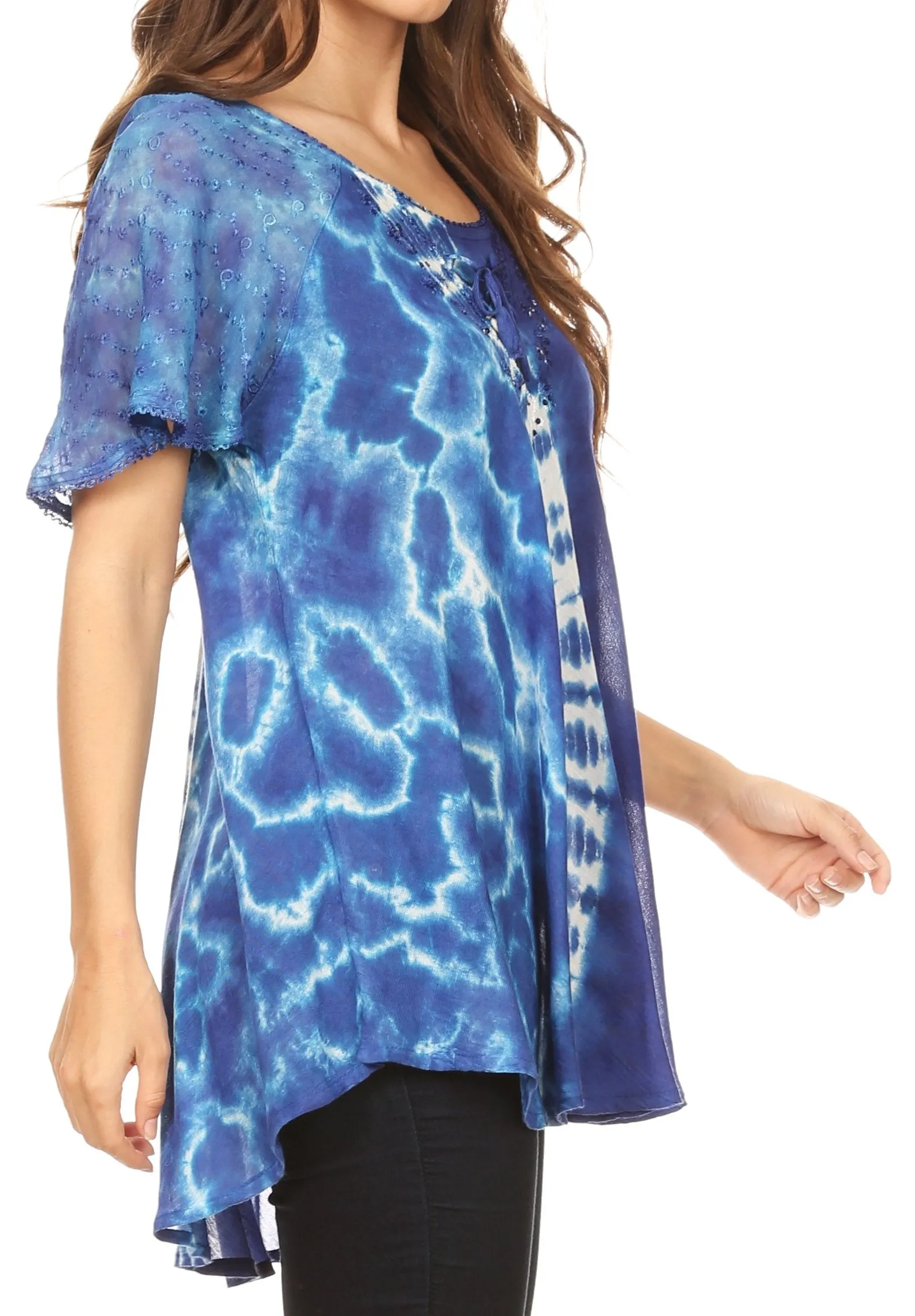 Sakkas Iris Womens Tie-dye Short Sleeve Blouse Top with Corset and Embroidery