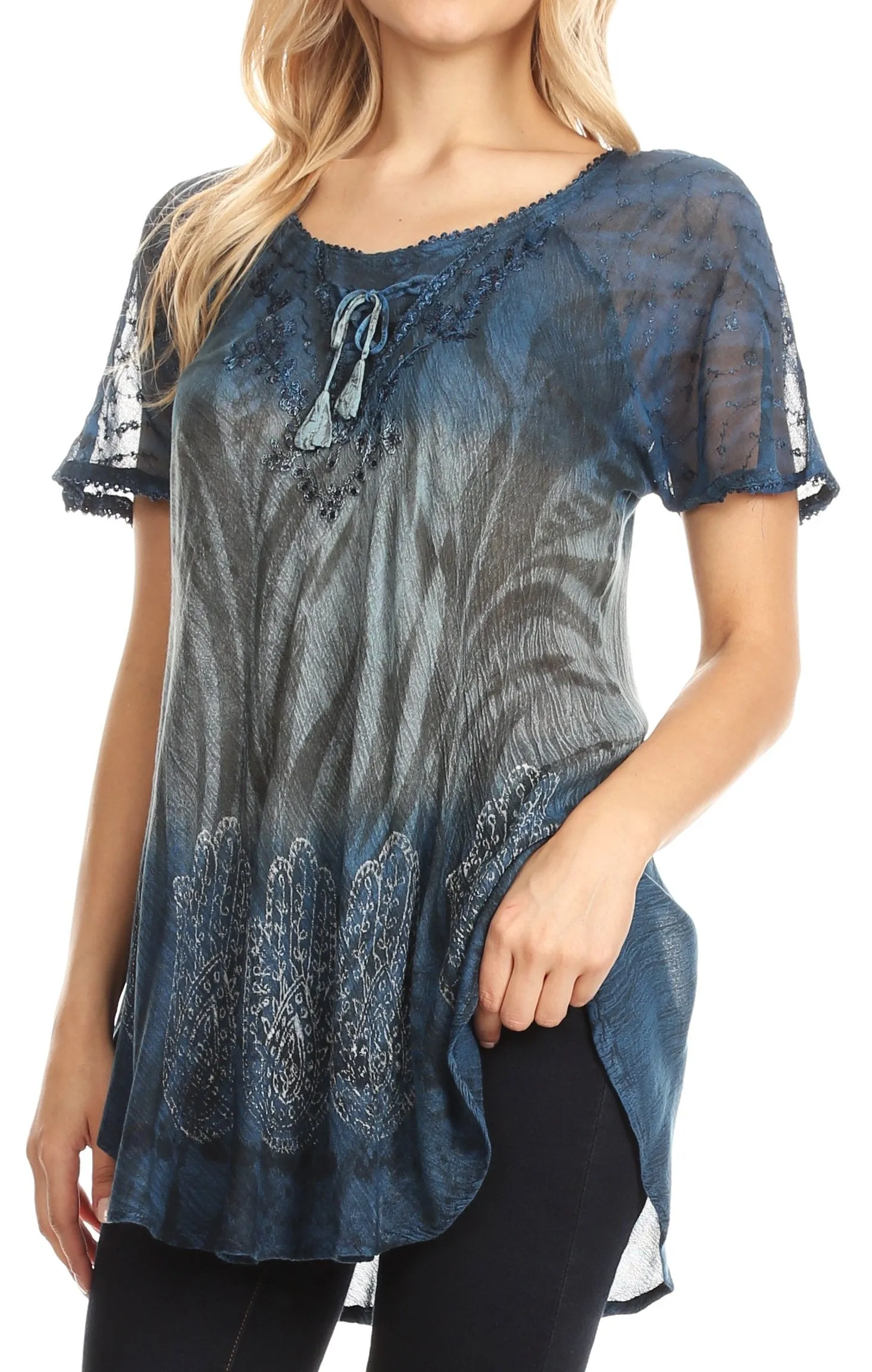 Sakkas Lily Casual Everyday Summer Short Sleeve Top Blouse with Block Print & Lace