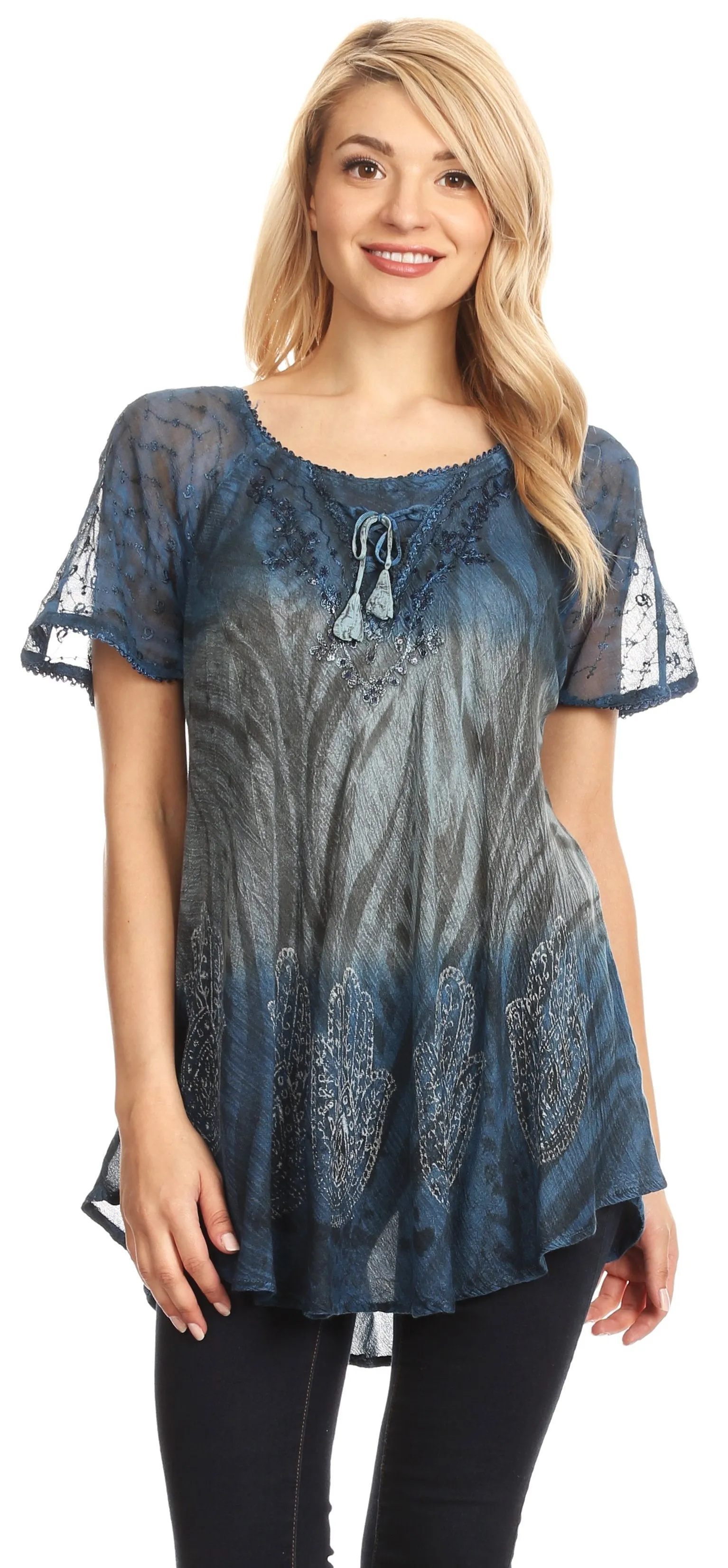 Sakkas Lily Casual Everyday Summer Short Sleeve Top Blouse with Block Print & Lace