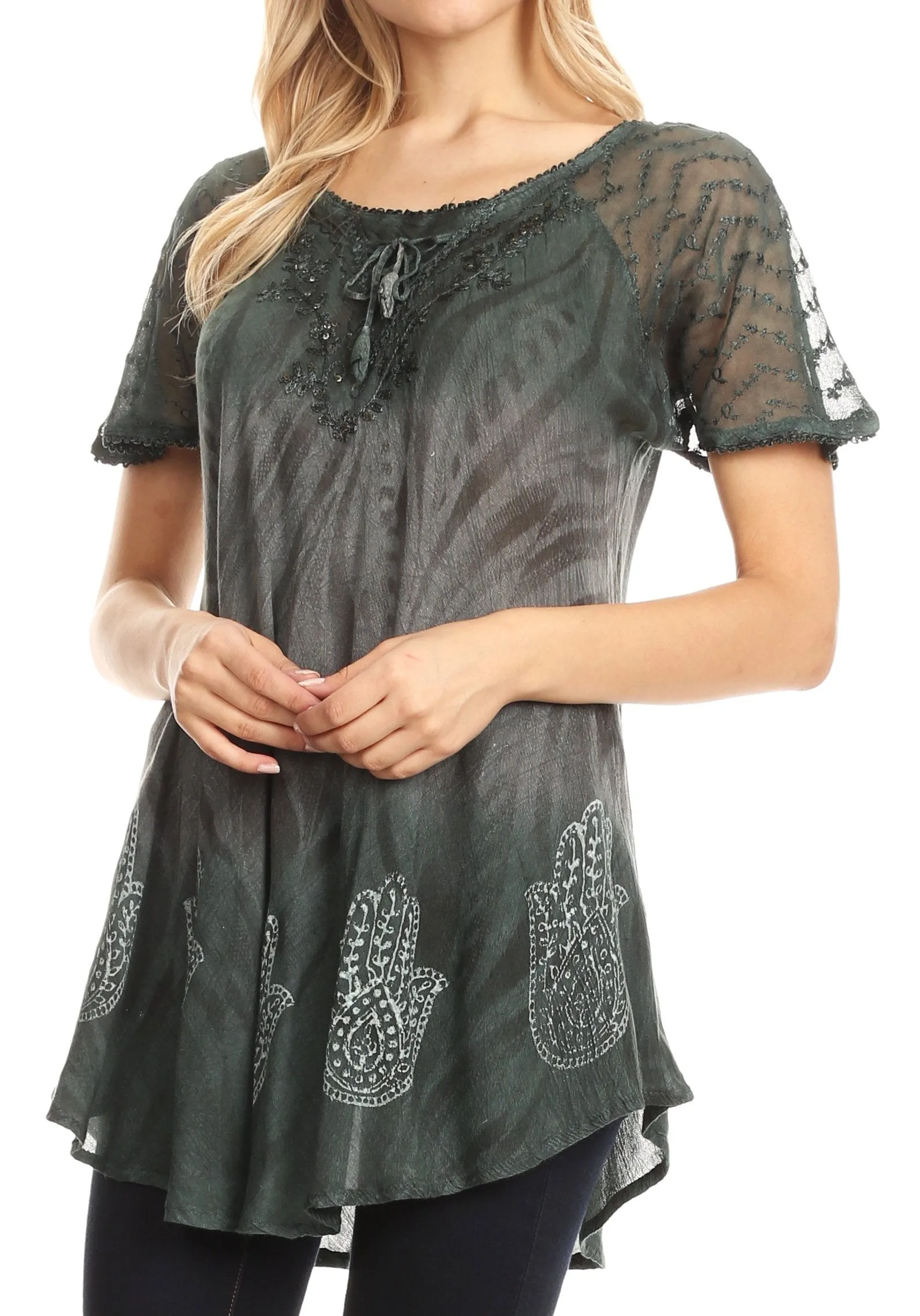 Sakkas Lily Casual Everyday Summer Short Sleeve Top Blouse with Block Print & Lace