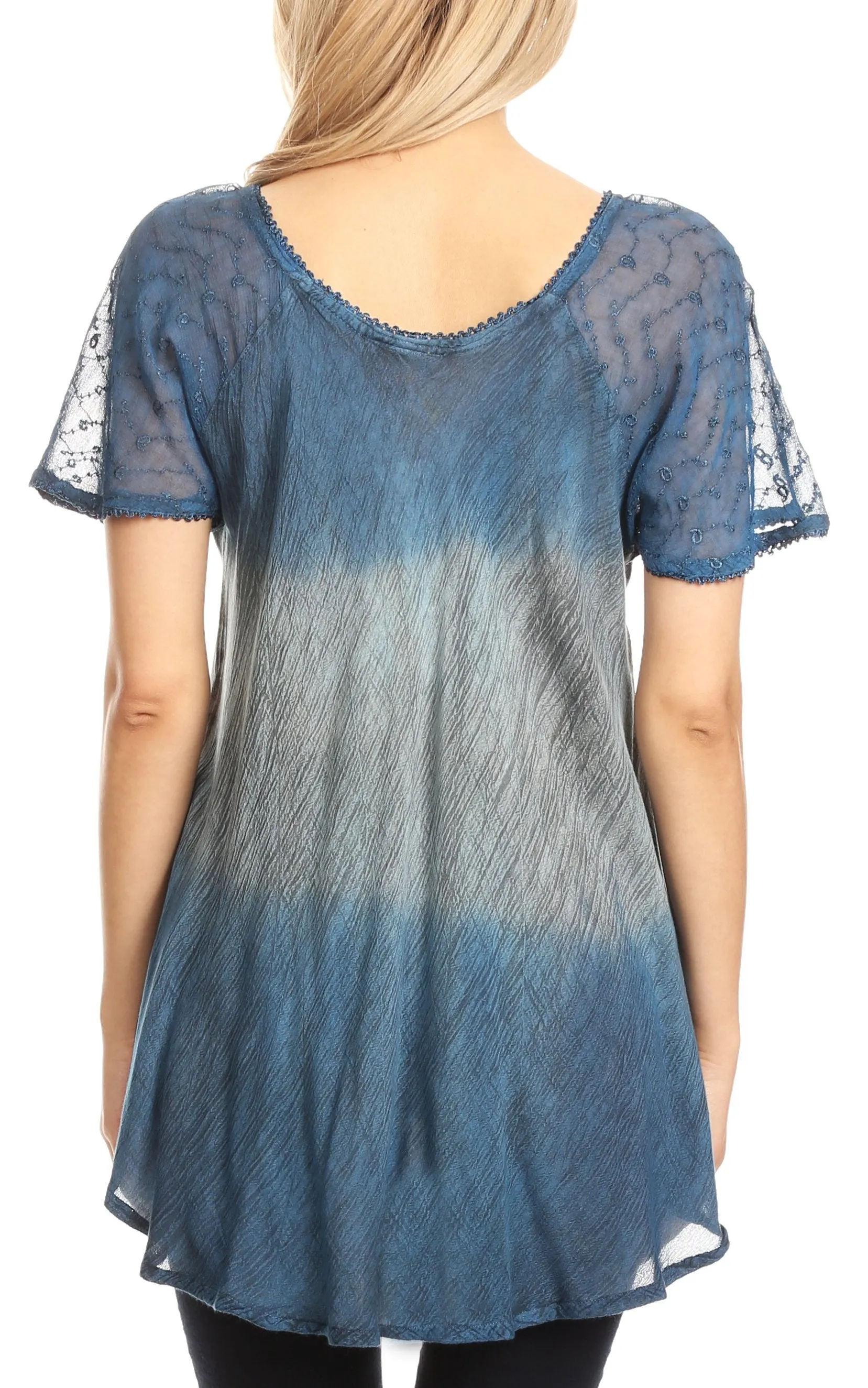 Sakkas Lily Casual Everyday Summer Short Sleeve Top Blouse with Block Print & Lace